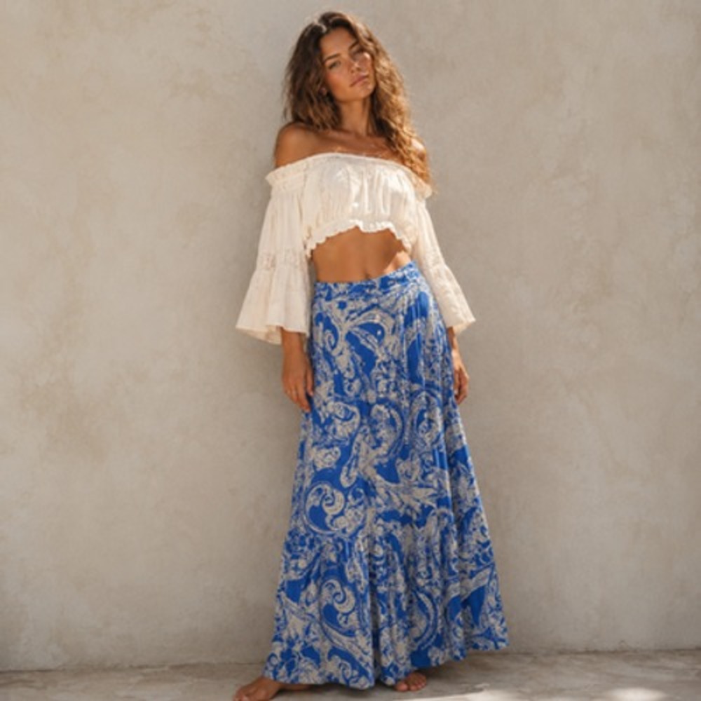 Free People Smooth Sailing Maxi Skirt Blue Paisley Button Front Boho Size 6 Long